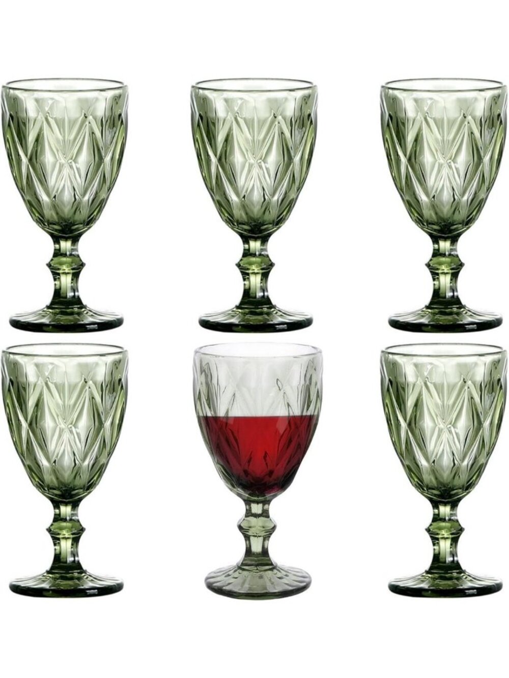 Vintage Green Wine Goblets Set of 6 | 10 OZ Colored Drinking Glasses for Parties